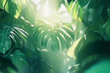 Lush tropical foliage illuminated by sunlight.