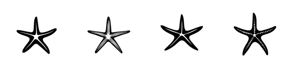 Vector illustration of four starfish designs in black and white, suitable for artistic and decorative purposes