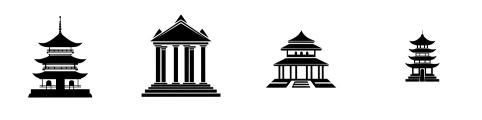Fototapeta premium Vector illustration of various architectural styles including pagodas and classical buildings in black and white design