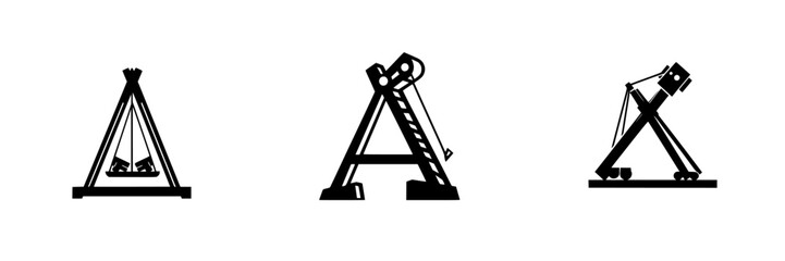 Vector illustration of construction equipment icons representing cranes and hoisting devices in black and white design