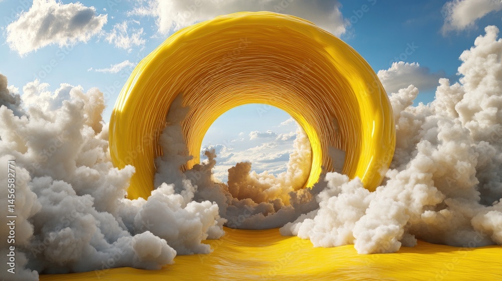 Poster Surreal 3D yellow tunnel scene with soft white clouds emerging through the center