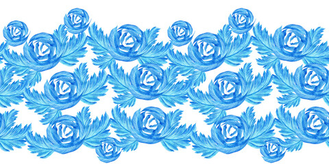 Watercolor seamless pattern with dark blue-blue stylized acanthus leaves and graphic elements