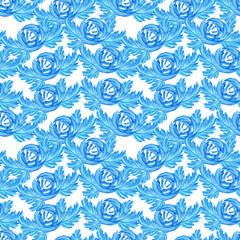 Watercolor seamless pattern with dark blue-blue stylized acanthus leaves and graphic elements