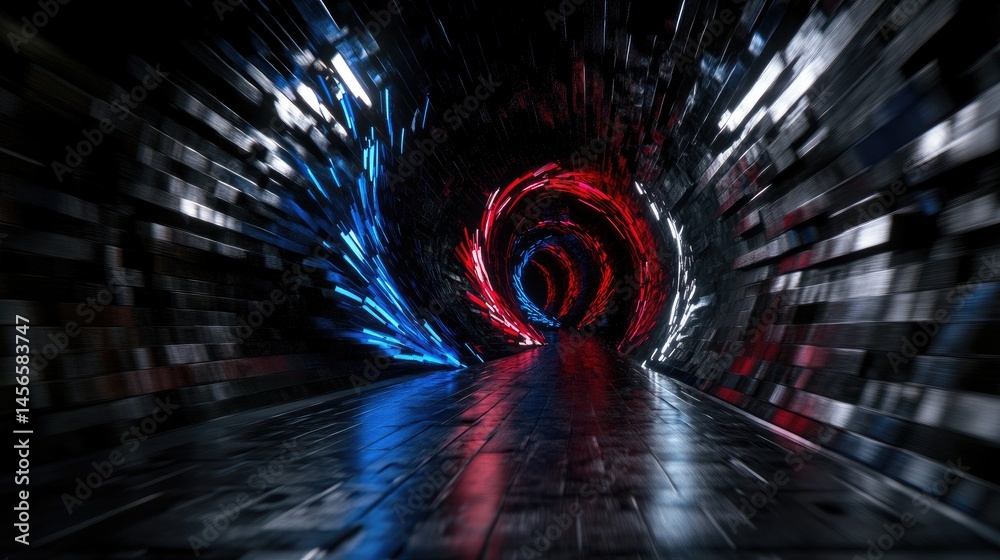 Aufkleber two opposing glowing lines in red and blue speeding through 3d tech tunnel