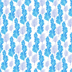 Watercolor seamless pattern with dark blue-blue stylized acanthus leaves and graphic elements