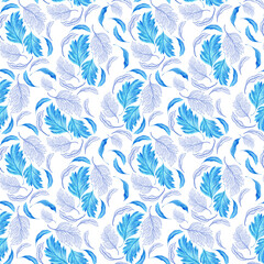 Watercolor seamless pattern with dark blue-blue stylized acanthus leaves and graphic elements