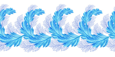 Watercolor seamless pattern with dark blue-blue stylized acanthus leaves and graphic elements