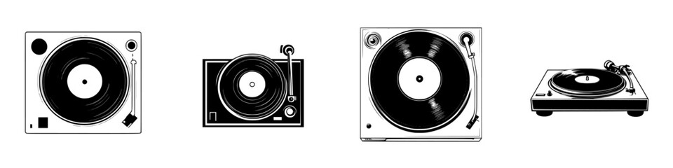 Vector illustration of four distinct turntables showcasing different designs and styles in black and white