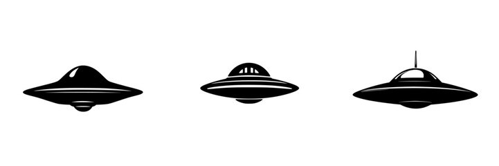 Vector illustration of three distinct flying saucers designed in black and white style