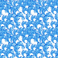 Watercolor seamless pattern with dark blue-blue stylized acanthus leaves and graphic elements
