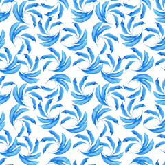 Watercolor seamless pattern with dark blue-blue stylized acanthus leaves and graphic elements