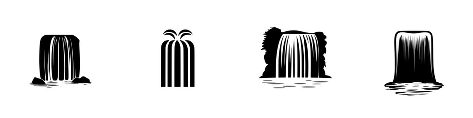 Various styles of black and white vector illustrations of waterfalls featuring different formations and flow styles