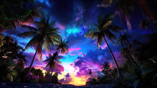 Vibrant neon sunset with palm tree silhouettes, starry night sky over tropical landscape - Powered by Adobe