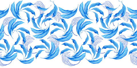 Watercolor seamless pattern with dark blue-blue stylized acanthus leaves and graphic elements