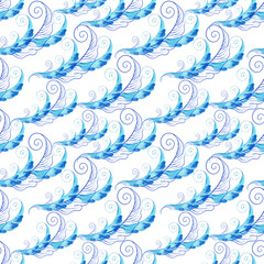 Watercolor seamless pattern with dark blue-blue stylized acanthus leaves and graphic elements