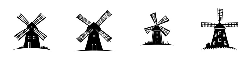 Fototapeta premium Black and white vector illustration of windmills in various styles and designs showcasing traditional architecture