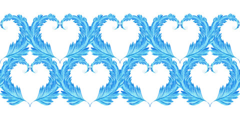 Watercolor seamless pattern with dark blue-blue stylized acanthus leaves and graphic elements