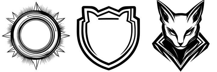 Vector illustration of a sun icon, a shield emblem, and a cat design showcasing a modern graphic style suitable for branding or artwork