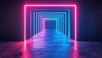 Fototapeta premium Neon Light Tunnel with Colorful Glowing Effects in Dark Space