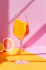 The product photography of an Aperol spritz cocktail in a wine glass, set on a pink background, incorporates bright and vibrant summer colors to convey a lively summer drinks idea