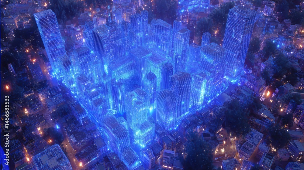 Poster a wi-fi smart city or network is depicted in low poly wireframe, showcasing building automation with