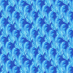 Watercolor seamless pattern with dark blue-blue stylized acanthus leaves and graphic elements
