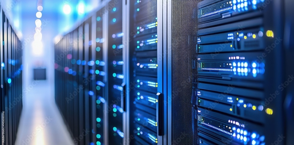 Poster Angled view of glowing server rows in a modern data center, perfect for illustrating digital security, enterprise hosting, and cloud infrastructure topics