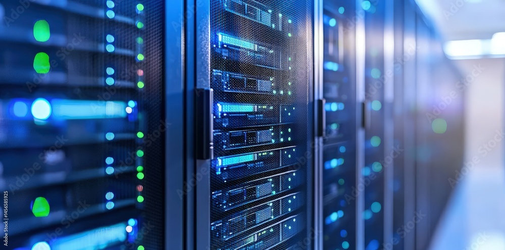 Poster Close-up of server cabinet with colorful LED indicators and modern hardware, ideal for illustrating data storage, IT services, or modern tech setups