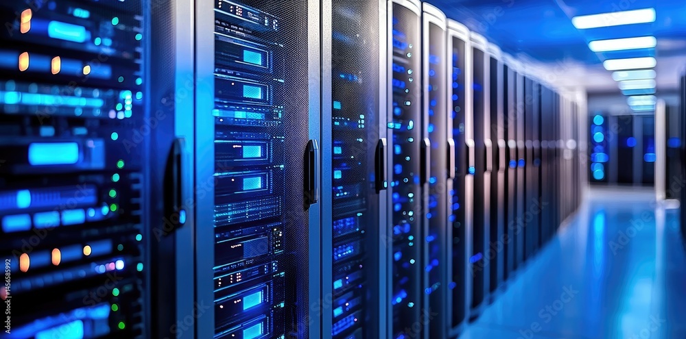 Poster close view of modern servers with blue lights in a secure it facility, great for tech websites, clou