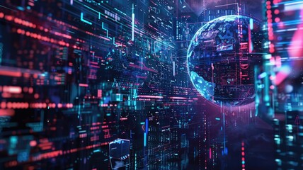 Fototapeta premium Abstract digital shape and particle technological cyber style design connecting become system shape of electronic designing. High tech scenery express mysterious pattern perfect for wallpaper. AIG53.