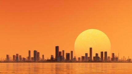 Obraz premium The cityscape is melting into a surreal scene with oversized sun and futuristic dreamlike qualities of fantasy urban surrealism in an illustration of melting buildings