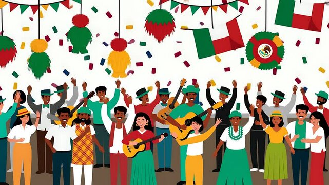 Diverse Crowd Celebrating with Festive Flags and Confetti