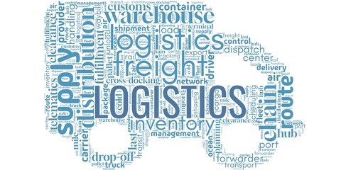Word cloud shaped like a truck with the word “Logistics” at the center. Includes supply chain, transport, and delivery terms. Perfect for shipping, freight, and business visuals