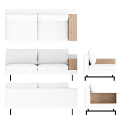 Sofa 3D Rendering Stock Illustration on transparent background, top view, side view and front view.