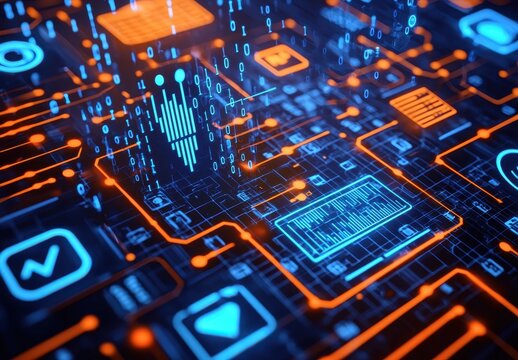 Abstract Digital Technology Background with Neon Circuit Patterns