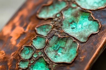 Close-up view of a textured copper piece with inlaid turquoise accents.