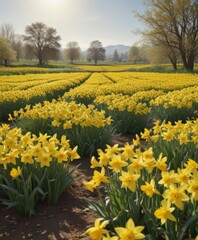 Obraz premium Expansive daffodil field, sunny day, cheerful yellow blossoms, landscape, bright, beautiful