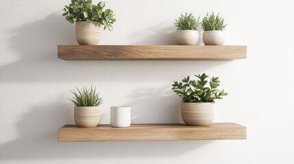Interior design featuring floating wood shelves with potted plants against white wall clean aesthetic minimal style