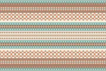 Seamless horizontal tribal pattern with geometric borders in teal, terracotta, brown, and cream. Features native motifs including diamonds, crosses, and zigzags. Ideal for textiles, decor, and ethnic.