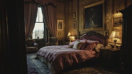Ornate Bedroom Interior with Antique Furniture and Vintage Decor in Dim Light; High Angle View of Luxurious Suite