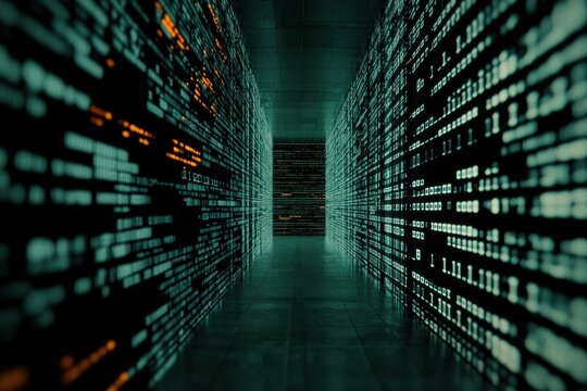 Abstract Digital Corridor with Glowing Data Streams and Code Lines