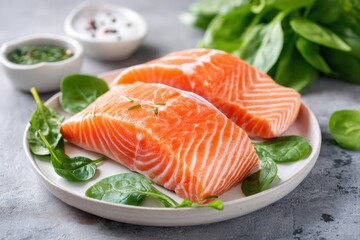 Fresh salmon fillets on a plate with spinach leaves, ready for cooking, with seasoning bowls in the background.