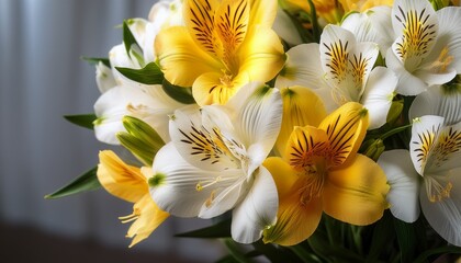 bouquet of white and yellow alstroemerias close up