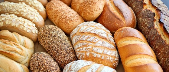 Assorted Artisan Breads Displayed Close Up Overhead Shot Variety of Loaves with Seeds and Oats Freshly Baked Bakery Goods