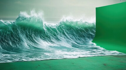 Ocean Wave Crashing Against Green Screen Dramatic Coastal Scene Studio Photography