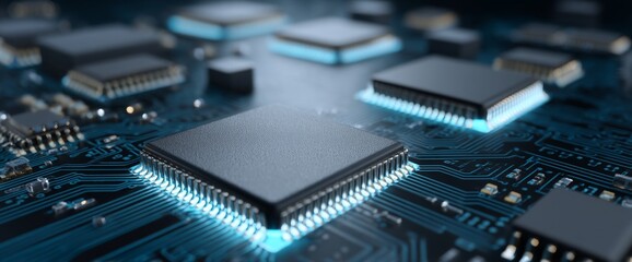 A futuristic server depicted as a printed circuit board can serve as a dynamic digital wallpaper with a technology-themed background, created from a 3D render of an abstract array of points and lines