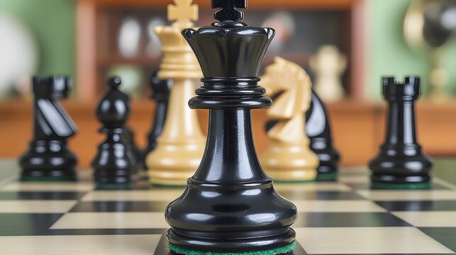 Close-up Black Queen Chess Piece on Board