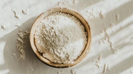 Bowl of White Flour on a Wooden Surface with Natural Shadows