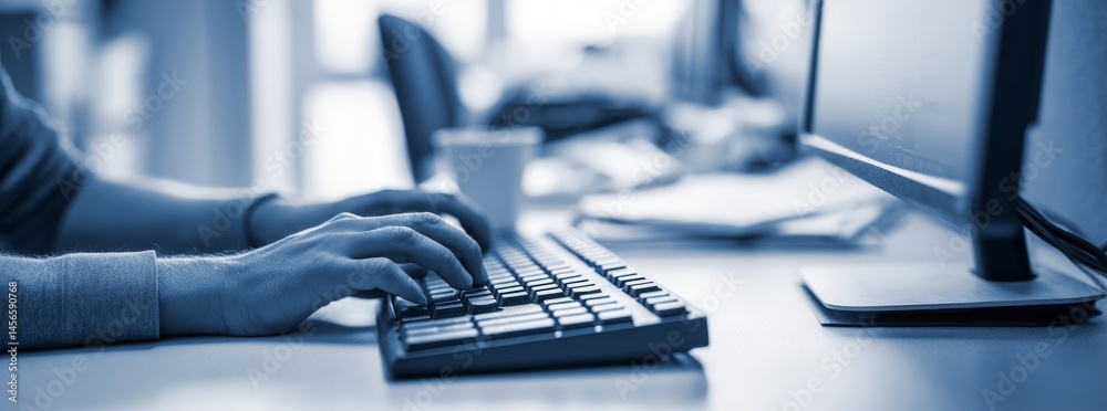 Poster hands typing on a keyboard set against a banner background with copyspace, embodying the fields of i