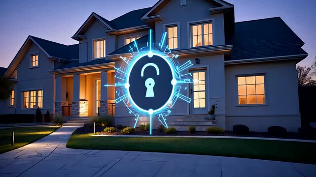 Smart Home Security Interface Displayed Outside Suburban House